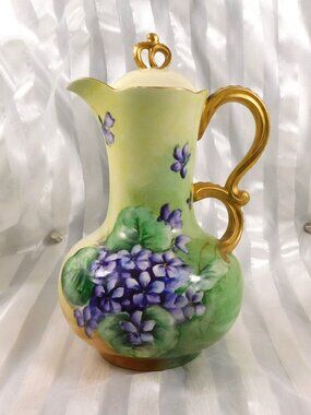 Green Jean Pouyat Limoges Chocolate Pot Teapot with Purple Flowers # 27215